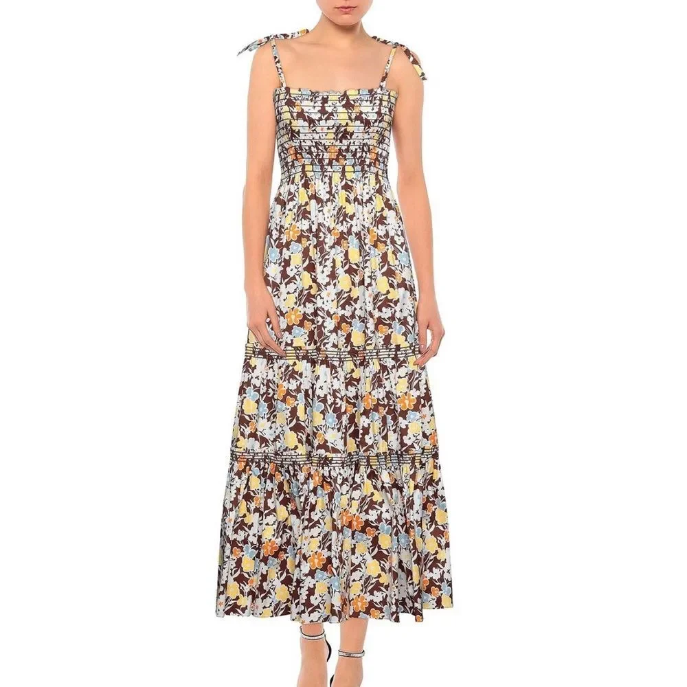 Tory Burch Reverie Smocked Shoulder Tie Brown Floral Print Summer Maxi Dress L